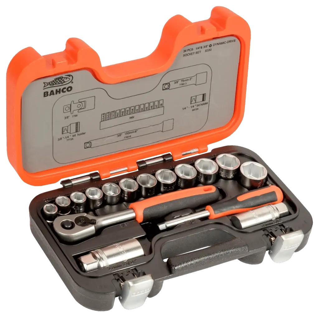 Maleta de dados de 3/8" con puntas de 1/4" 34 piezas Bahco