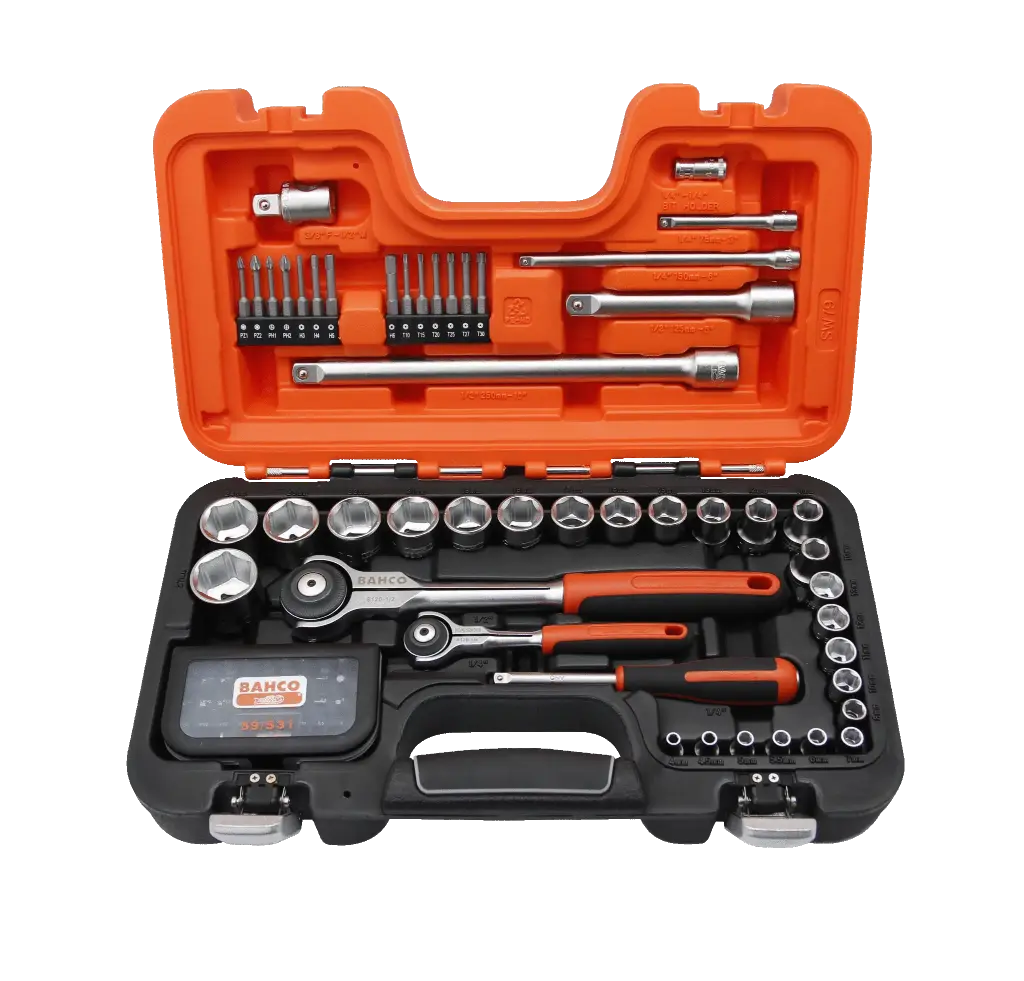 Maleta de Dados con Cuadrante de 1/4" y 1/2" + Chicharra de Cabeza Articulada Bahco