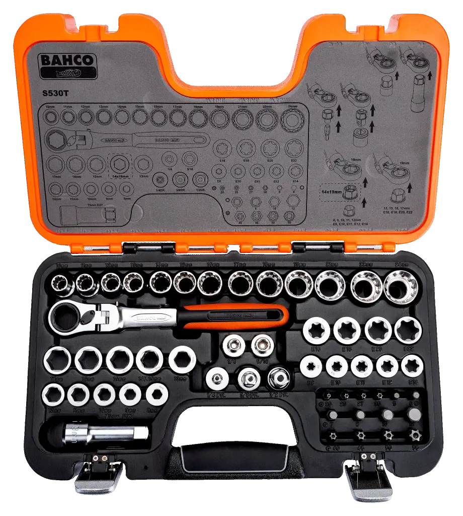 Maleta de Dados Pasantes + Chicharra toma hexagonal 53 piezas Bahco