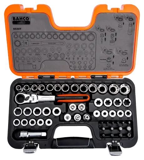 [S530T] Maleta de Dados Pasantes + Chicharra toma hexagonal 53 piezas Bahco